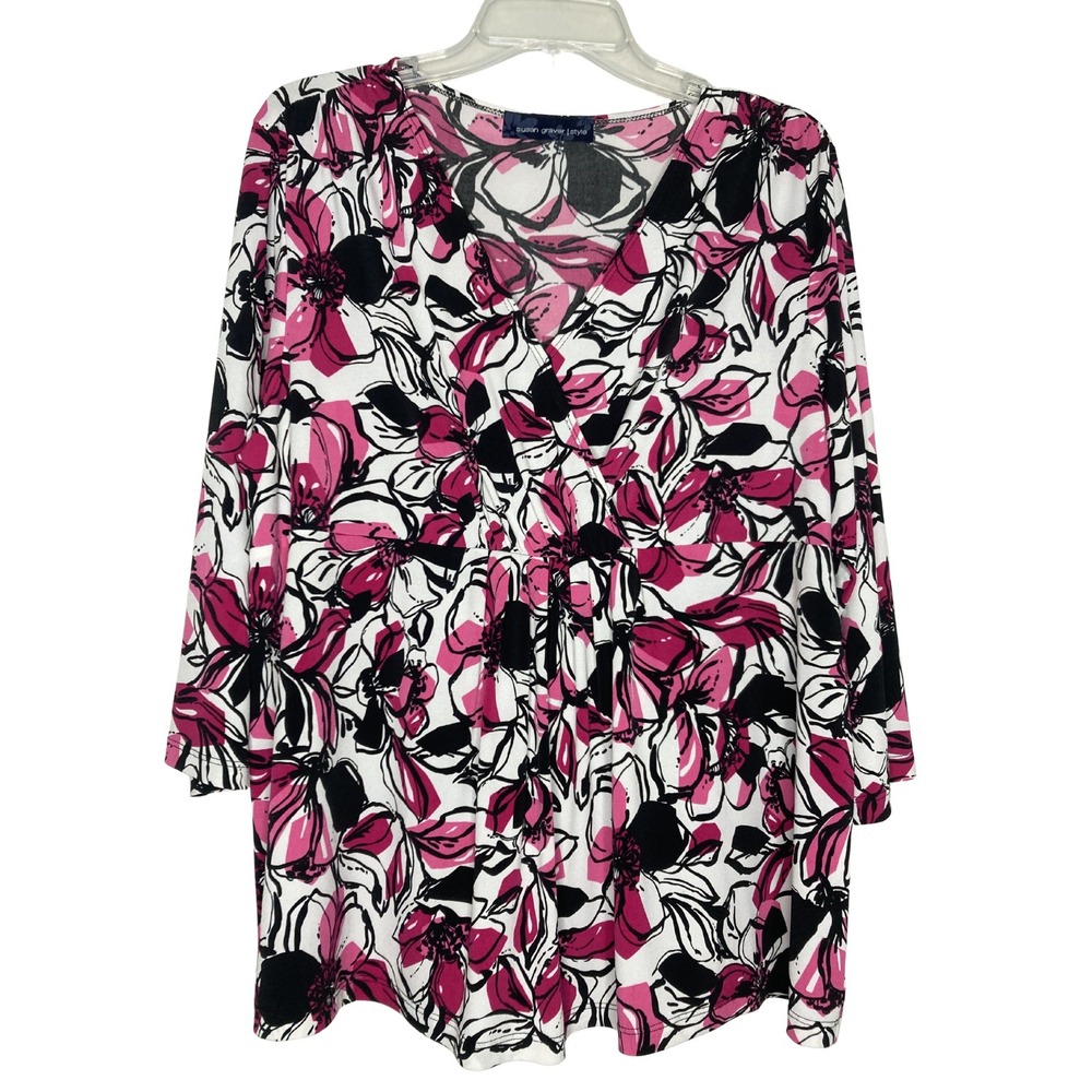 Susan Graver Style Pink Black White Floral XL‎ V-Neck 3/4 Sleeve Top Tunic